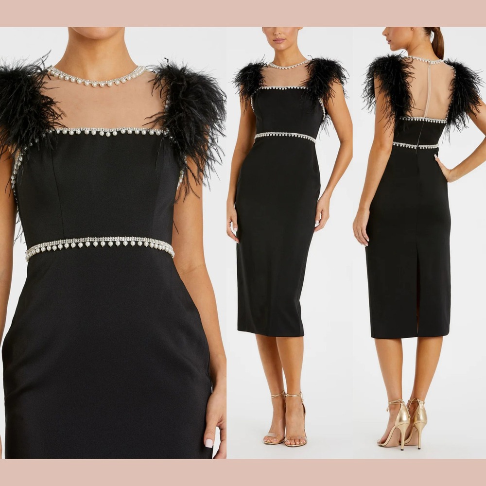 NWT‎ Mac Duggal [ 6 ] 11438 Feather Cap Sleeve Pearl Embellished Dress Black